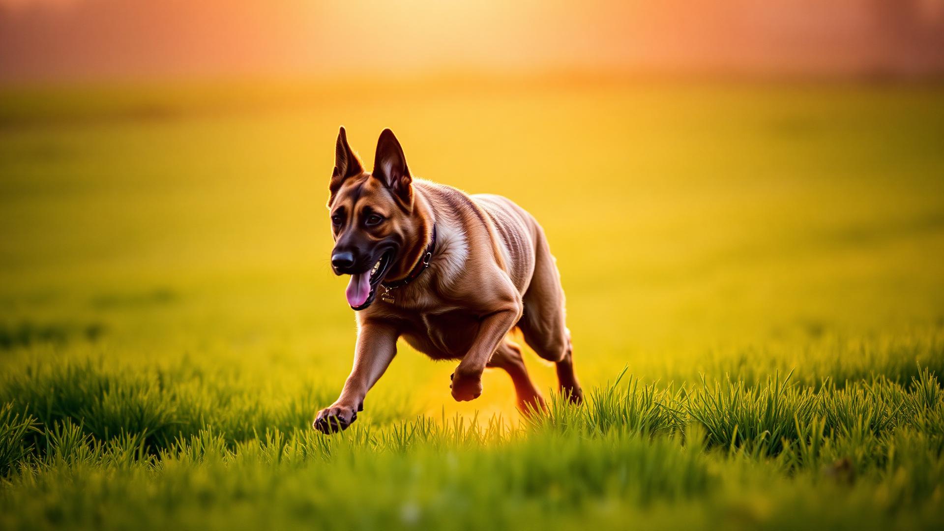 Pastor Belga Malinois corriendo al atardecer